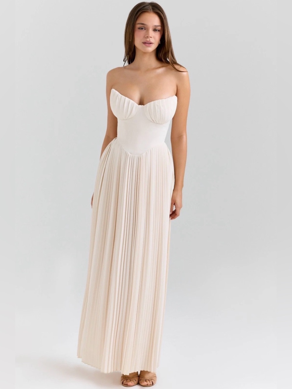 House of CB Marcella Ivory Strapless Pleated Maxi Dress in Cream L